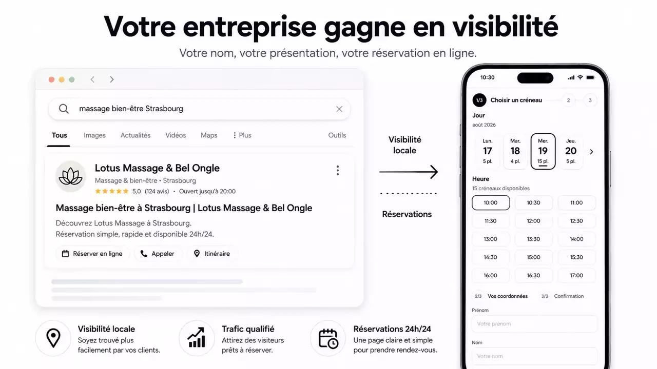 Entreprise visible dans les résultats de recherche avec accès direct à une page de réservation en ligne OptimizRDV
